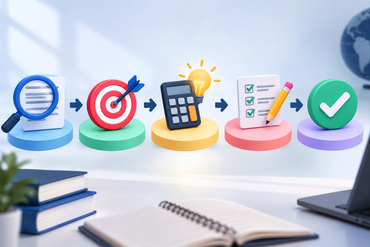 Indian student preparing for GMAT percentage questions at a desk with a calculator, notebook, laptop, percentage symbol, study materials, globe, and Indian flag.